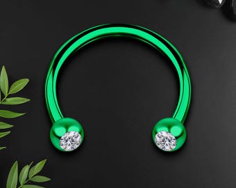 Surgical Steel Horseshoe Ring in Green with Clear CZ, Ear Piercing, Horseshoe Jewelry, Circular Barbell, Daith Hoop, Eyebrow Piercing