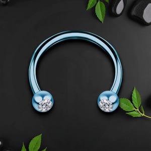 Surgical Steel Horseshoe Ring in Blue with Clear CZ, Circular Barbell, Helix Hoop, Tragus Piercing, Horseshoe Ring, Cartilage Earring