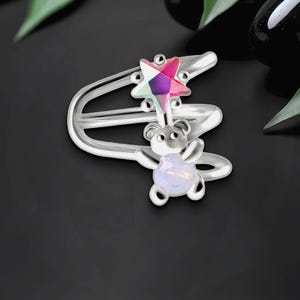 Platinum Plated Ear Cuff with Cute Bear and Crystal Star, Non Pierced Clip, Dainty Hoop, Helix Wrap, Faux Piercing Cuff, Cartilage Jewelry