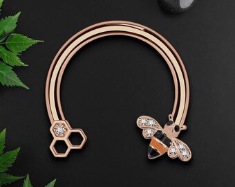 Surgical Steel Horseshoe Ring with Cute Bee, Horseshoe Ring, Tragus Piercing, Conch Ring, Circular Barbell Ring, Helix Hoop, Rose Gold