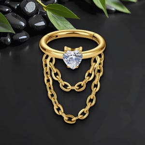 Titanium Clicker Ring with Chains and Crystal Heart, Conch Piercing, Ear Hoop, Piercing Jewelry, Rook Clicker, Nose Huggie