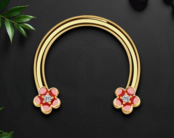 Surgical Steel Horseshoe Ring with Red Flowers, Helix Hoop, Tragus Piercing, Horseshoe Earring, Conch Ring, Circular Barbell Piercing