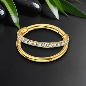 チタン製クリッカーリング（ダブルフープとワンフープCZ付き）、ヘリックスクリッカー、コンクハギー、トラガスピアス、イヤリング、ピアスジュエリー、ゴールド