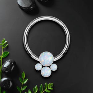 Titanium Captive Bead Ring with Four White Opal Set, Daith Earring, Nose Hoop, Septum Piercing, Nose Ring, Piercing Clicker