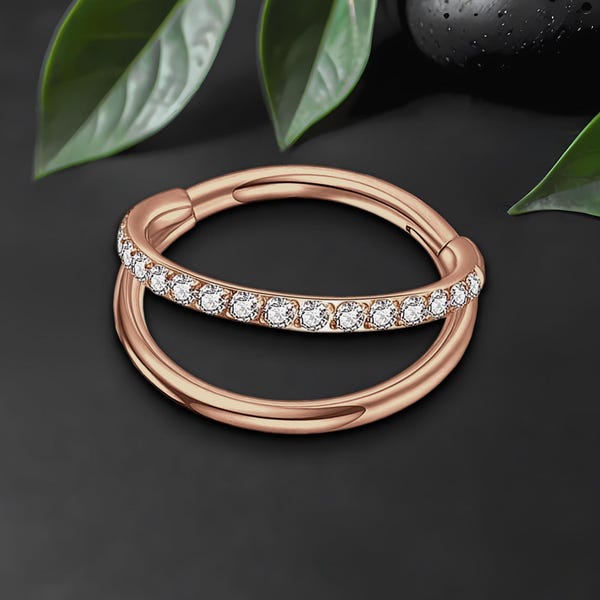 Titanium Clicker Ring with Double Hoops and One Hoop CZ, Earlobe Jewelry Ring, Nostril Hoop, Nose Clicker, Cartilage Piercing, Rose Gold