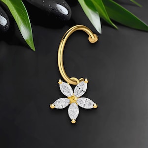 Surgical Steel Lip Ring with Flower Dangle and CZ, Faux Labret Piercing, Clip-On Ring, Lip Fashion, Non-Piercing Ring, Lip Ornament