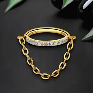 Titanium Clicker Ring with Chain and Zirconia, Ear Piercing, Nostril Huggie, Tragus Earring, Earlobe Hoop, Cartilage Clicker