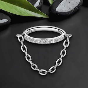 Titanium Clicker Ring with Chain and Zirconia, Rook Earring, Nose Clicker, Piercing Ring, Conch Jewelry, Helix Huggie