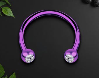 Surgical Steel Horseshoe Ring in Purple with Clear CZ, Horseshoe Earring, Nose Hoop, Circular Barbell, Tragus Piercing, Cartilage Earring
