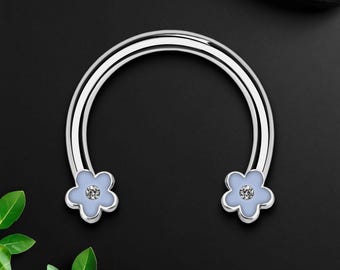 Surgical Steel Horseshoe Ring with Blue Flowers, Conch Ring, Helix Hoop, Horseshoe Hoop, Tragus Piercing, Circular Barbell Earring, Silver