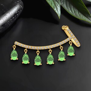 Gold Plated Ear Cuff Ear Crawler with Green CZ, Cartilage Jewelry, Dainty Hoop, No Piercing Wrap, Helix Cuff, Faux Piercing Jacket