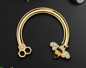 Surgical Steel Horseshoe Ring with Cute Bee, Nose Ring, Ear Piercing, Circular Barbell Jewelry, Horseshoe Earring, Daith Hoop, Gold