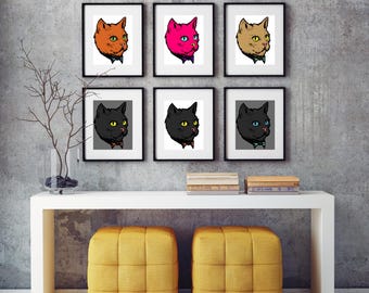 May include: Six framed illustrations of cats with different colored fur and bow ties. The frames are black and the illustrations are on a white background. The frames are arranged in two rows of three. The frames are hanging on a gray wall. Two yellow cube-shaped ottomans are in the foreground.