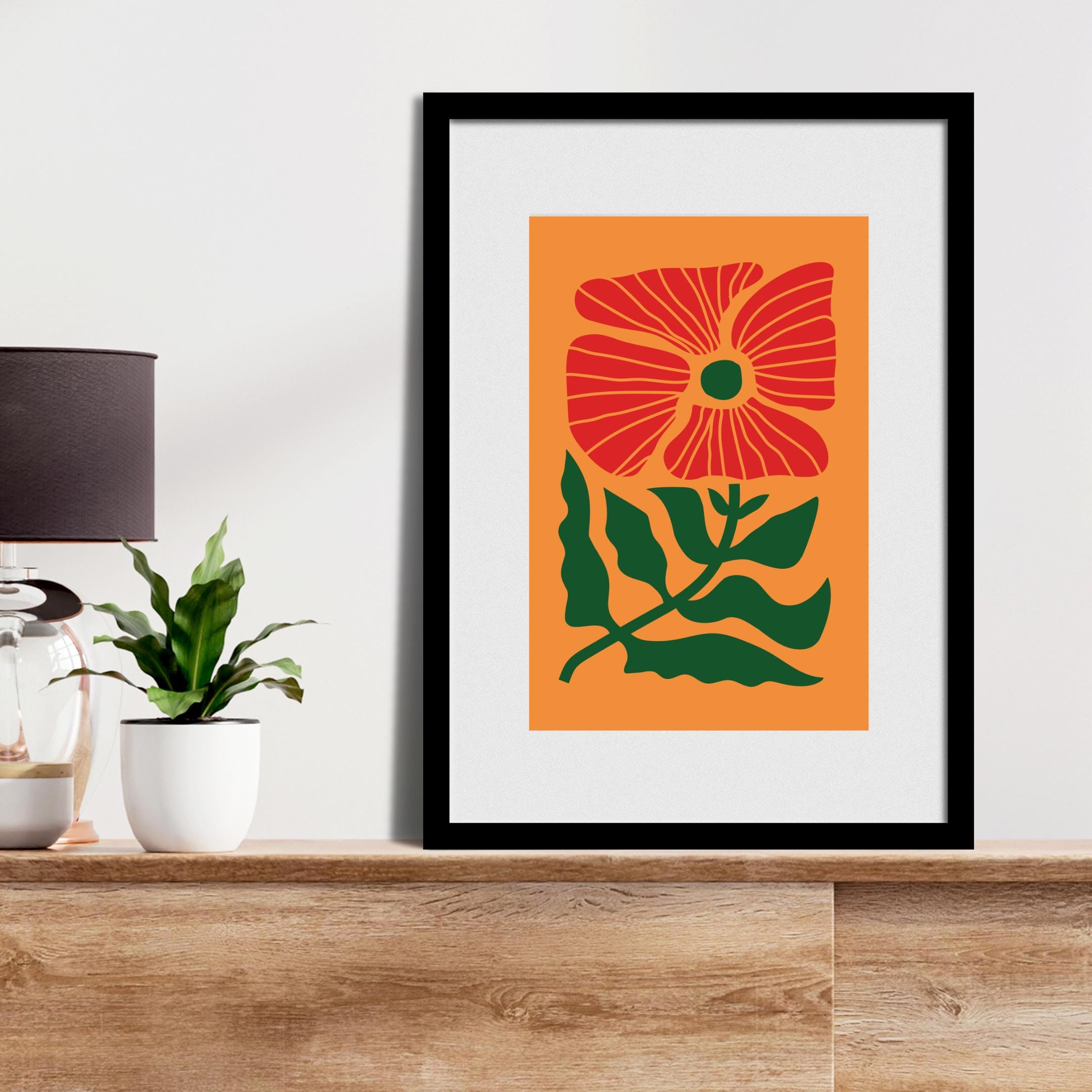 Mid-century Modern Red Flower Art Print on Bright Orange Background ...