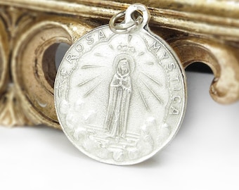 Medaglia Rosa Mystica Medaglia Vergine Maria Medaglione di grandi dimensioni in argento con ciondolo cattolico