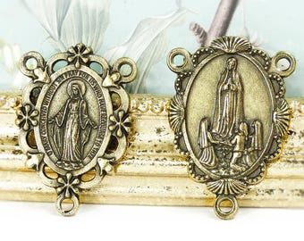 Brass Rosary Centre Set - Ornate Miraculous Medal & Our Lady of Fatima
