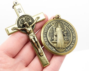 St Benedict Brass Set 8cm Crucifix & 4.5cm Large Medal Saint Benedict Catholic Set Habit Rosary Catholic