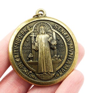 Brass St Benedict Medal 4.3cm/1.7 inch Large Catholic Medal Saint Benedict Medal