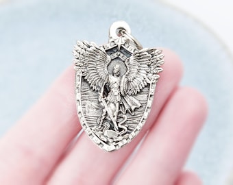 St Michael Medaille Silber | Erzengel Michael Anhänger | Collier Rosenkranz Italien