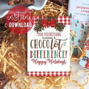 Christmas Your Volunteering Makes A Chocolate Of Difference Happy Holidays Appreciation Printable Tags | Cocoa Volunteer Appreciation Gift