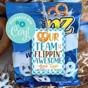 Editable Pretzel Team Appreciation Pretzels Printable Tags Team Snack Pretzels Tag Our Team Is Flippin' Awesome Good Luck Team Corjl image 1