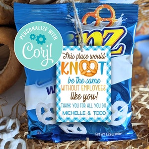 Bearbeitbare Brezel Mitarbeiteranreize Druckbare Geschenkanhänger, Danke, dass Sie Brezeln Tag Knot die gleichen ohne Mitarbeiter wie Sie Snacks sein