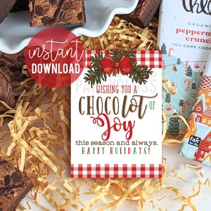 Navidad deseándole un chocolate de alegría Etiqueta imprimible de agradecimiento / Felices fiestas Etiquetas de regalo de chocolate / Etiquetas de golosina / Etiqueta de regalo de cacao