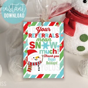 クリスマスあなたの紹介は雪を意味します多くの感謝の気持ちを印刷可能なギフトタグ、雪だるま紹介マーケティングは、クライアントの顧客に幸せな休日をプレゼントします