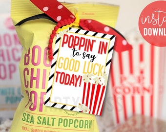 Poppin' In To Say Good Luck Today Popcorn Printable Gift Tags Team Treat Tag Competition Game Day Tournament State Regionals Teammate Snacks