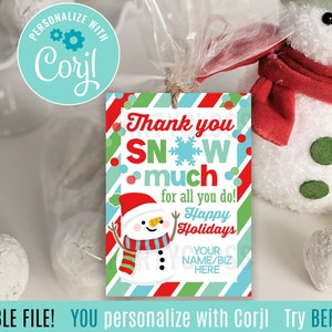 Editable Christmas Snowman Appreciation Printable Gift Tags, Thank You Snow Much Holidays Cookie Treat PTA Volunteers School Staff Teachers