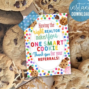 Cookie One Smart Cookie 不動産業者クライアント感謝の印刷可能なタグ | クッキー | 不動産マーケティングギフトタグ | ご紹介ありがとうございます