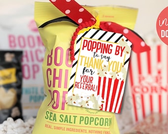 Popping By To Say Thank You For Your Referrals Printable Gift Tags, Popcorn Gift Real Estate Client Appreciation Customer Mortgage Marketing