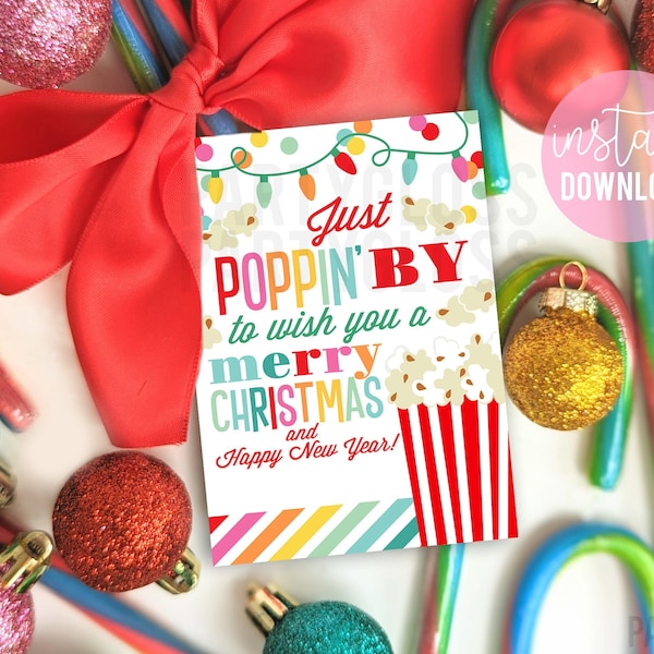 Christmas Poppin' By To Wish You A Merry Christmas Appreciation Printable Tag | Popcorn Tags | Holiday Treat Tags Office Staff Team PTA PTO