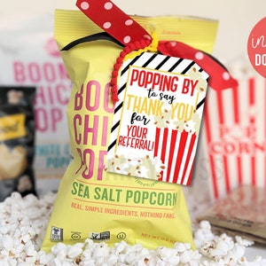Popping By To Say Thank You For Your Referrals Printable Gift Tags, Popcorn Gift Real Estate Client Appreciation Customer Mortgage Marketing