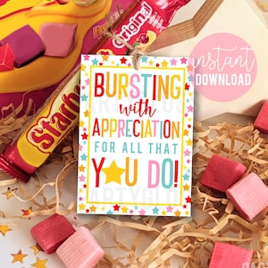 Bursting With Appreciation For All That You Do Printable Gift Tags, Staff Thank You Team Member Employee Teammate Office Volunteer PTA PTO image 1