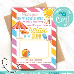 Porta-cartão de presente editável para impressão de final de ano Agradecimento do professor Obrigado Relaxe ao sol Verão Professores Treinador PTA Funcionários da escola