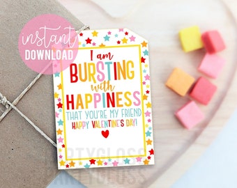Valentine&#39;s Day Printable Star Candy Gift Tags, Bursting With Happiness Valentine Class Treats Team Friend Teammate Classmate Teacher