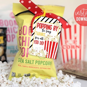 Popcorn Appreciation Printable Gift Tags, Popping By To Say Thanks For All You Do Tag Thank You Employee Staff Teacher Client Customer PTA