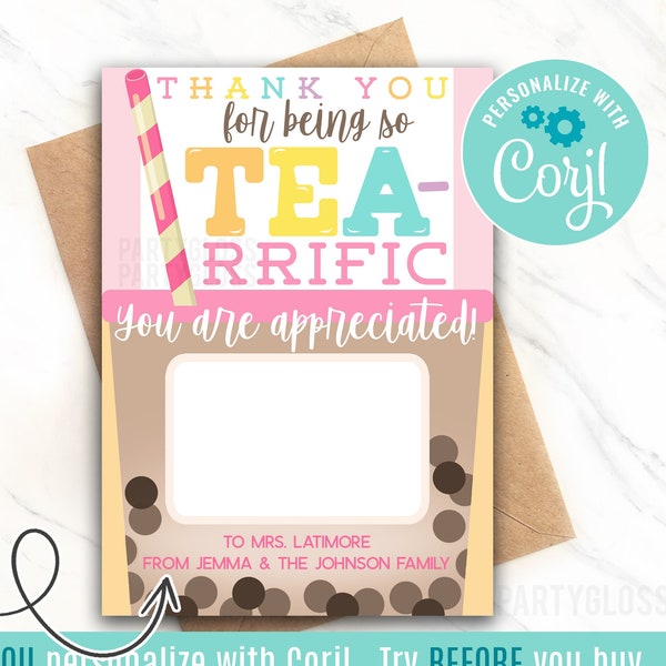 Editable Bubble Tea Appreciation Printable Gift Card Holder Thank You For Being So TEA-Rrific Coach Team Teacher Staff Office Coworker Boba