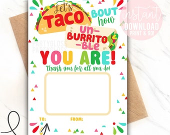 Op de afbeelding: Printbare cadeaukaart houder met een kleurrijk ontwerp met een taco en een burrito. De tekst zegt "Let's Taco Bout How Un-Burrito-Ble You Are!" en bevat een ruimte om "To:" en "From:" te schrijven.