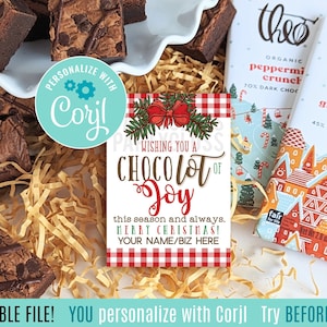 Navidad editable deseándole un chocolate de alegría Etiqueta imprimible de agradecimiento / Regalo de chocolate con cacao / Feliz Navidad / Felices fiestas Corjl