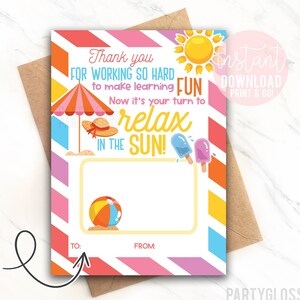 Titulaire de la carte-cadeau imprimable de fin d'année Remerciement de l'enseignant Merci Détendez-vous au soleil Enseignants d'été Entraîneur PTA PTO Personnel de l'école