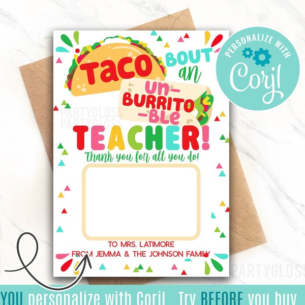 Editable Teacher Appreciation Printable Gift Card Holder Taco Bout An Un-Burrito-able Teacher End Of The Year Giftcard Coach Teachers Week