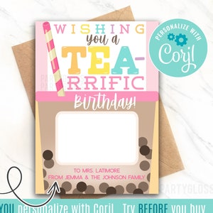 Bearbeitbarer Bubble Tea druckbare Geschenkkartenhalter Ich wünsche Ihnen einen TEE-rrific Geburtstag Trainer Team Freund Mitarbeiter Büro Mitarbeiter Boba