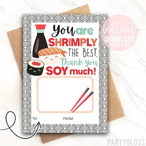Sushi Appréciation Porte-carte-cadeau imprimable Sushi Roll Vous êtes crevettes le meilleur Merci Soy Beaucoup Collègue de bureau PTA PTO Employé du personnel