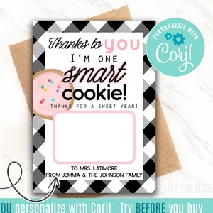 Bewerkbare waardering voor leraren Afdrukbare cadeaukaarthouder, Einde van het jaar, Cookies Giftcard Coach Tutor, One Smart Cookie Crumble Leraren