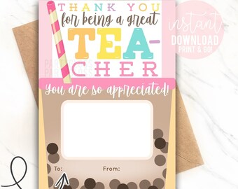 Porta-cartão de presente imprimível de agradecimento ao professor Obrigado por ser um ótimo TEA-CHER Semana dos professores no final do ano Boba Coach PTA Bubble Tea