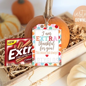 Thanksgiving Wertschätzung Druckbare Geschenkanhänger, Herbst Herbst Gum Extra dankbar für Sie Lehrer Schulpersonal PTA Mitarbeiter Volunteers Büro