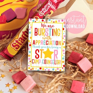 Etiquetas de regalo de Star Candy imprimibles de agradecimiento al personal del campamento, agradecimiento de los miembros del equipo, obsequios del consejero del campamento de verano para los consejeros administrativos del personal
