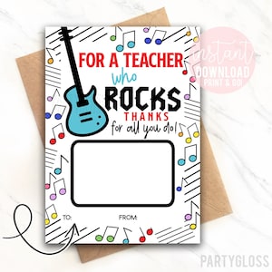 Muziekleraar waardering afdrukbare cadeaukaarthouder voor een leraar die rockt Bedankt voor alles wat je doet Lerarenweek Orkest Koorbandstem